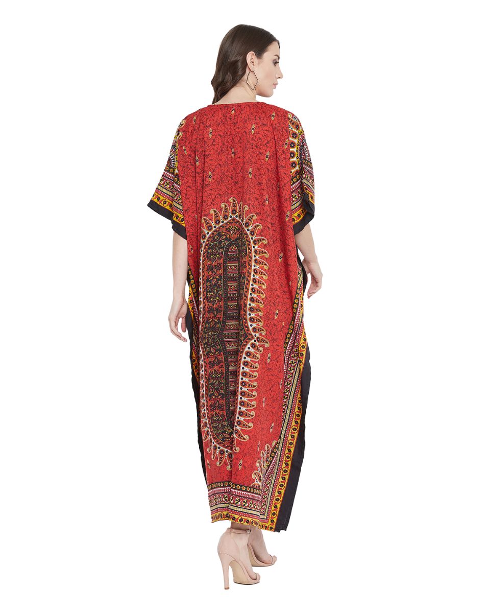 Paisley Printed Red Polyester Kaftan Plus Size Dress For Women