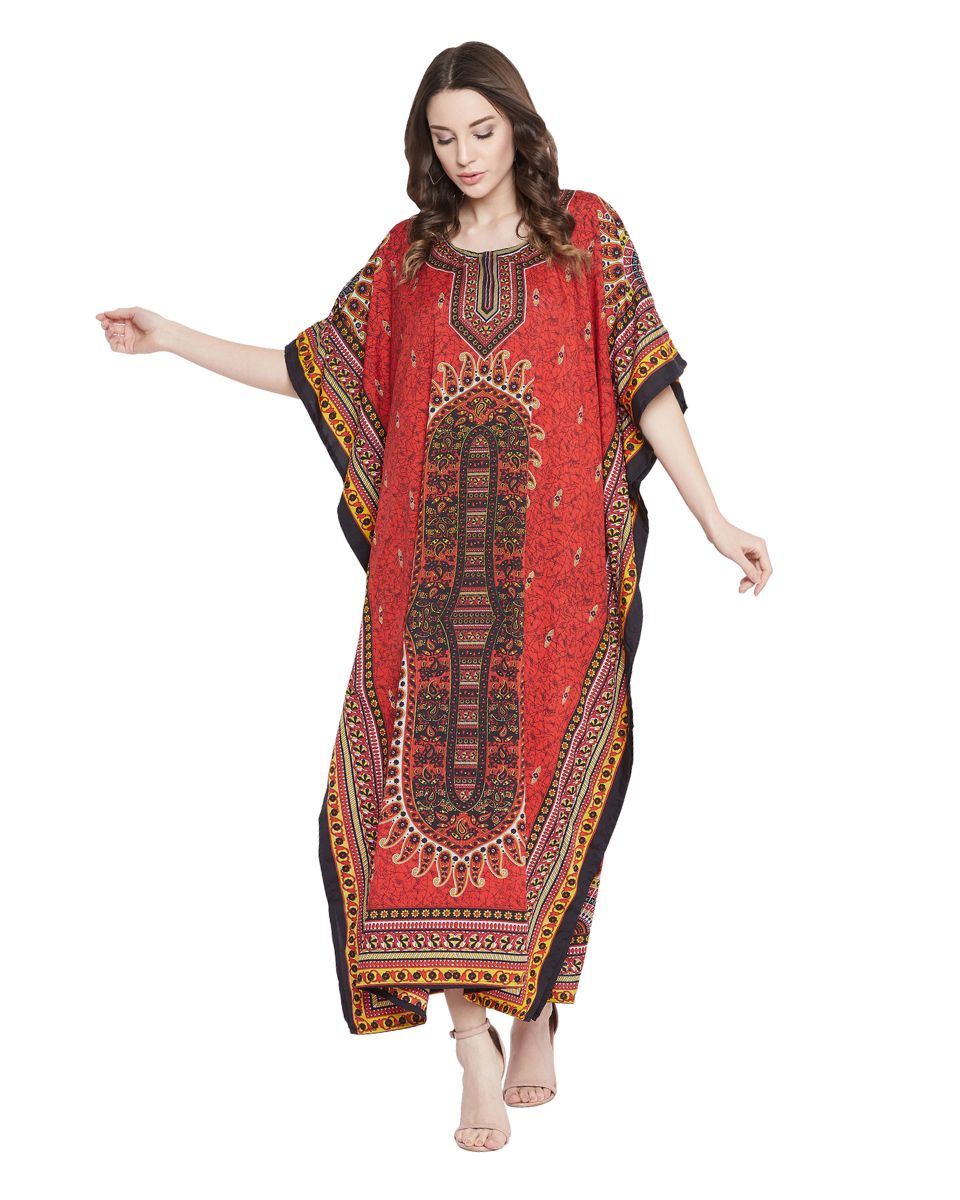 Paisley Printed Red Polyester Kaftan Plus Size Dress For Women