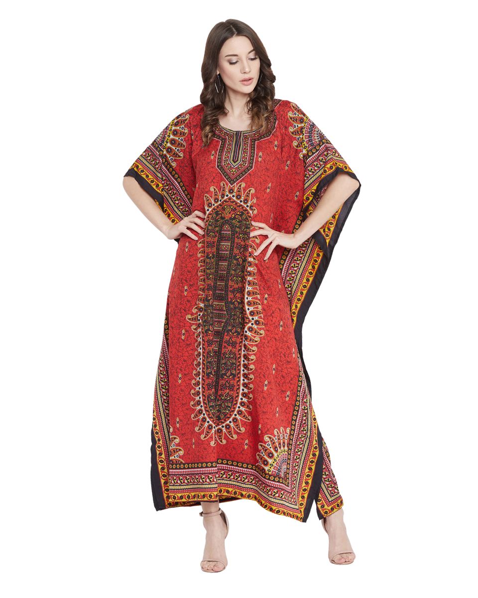 Paisley Printed Red Polyester Kaftan Plus Size Dress For Women