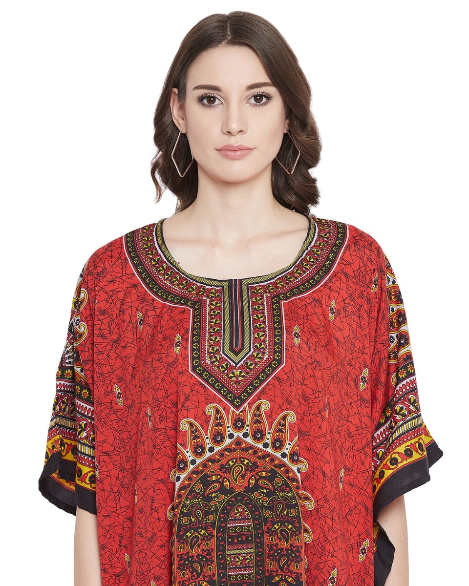 Paisley Printed Red Polyester Kaftan Plus Size Dress For Women