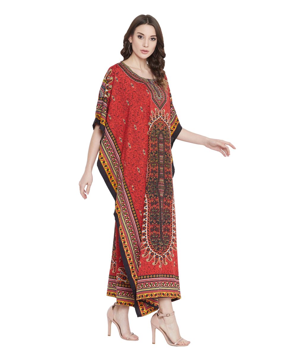 Paisley Printed Red Polyester Kaftan Plus Size Dress For Women