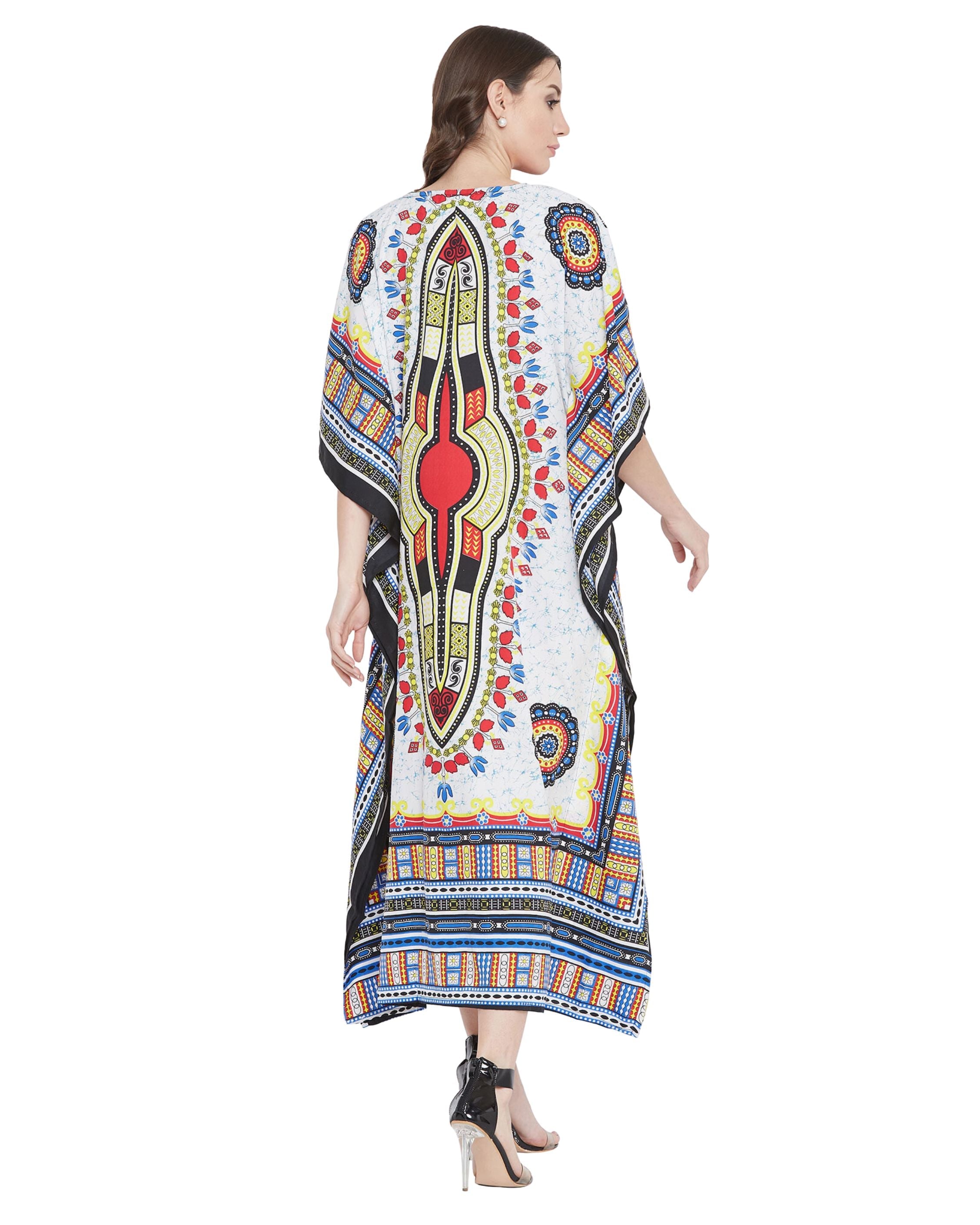 White Tribal Printed Polyester Kaftan For Plus Size Women