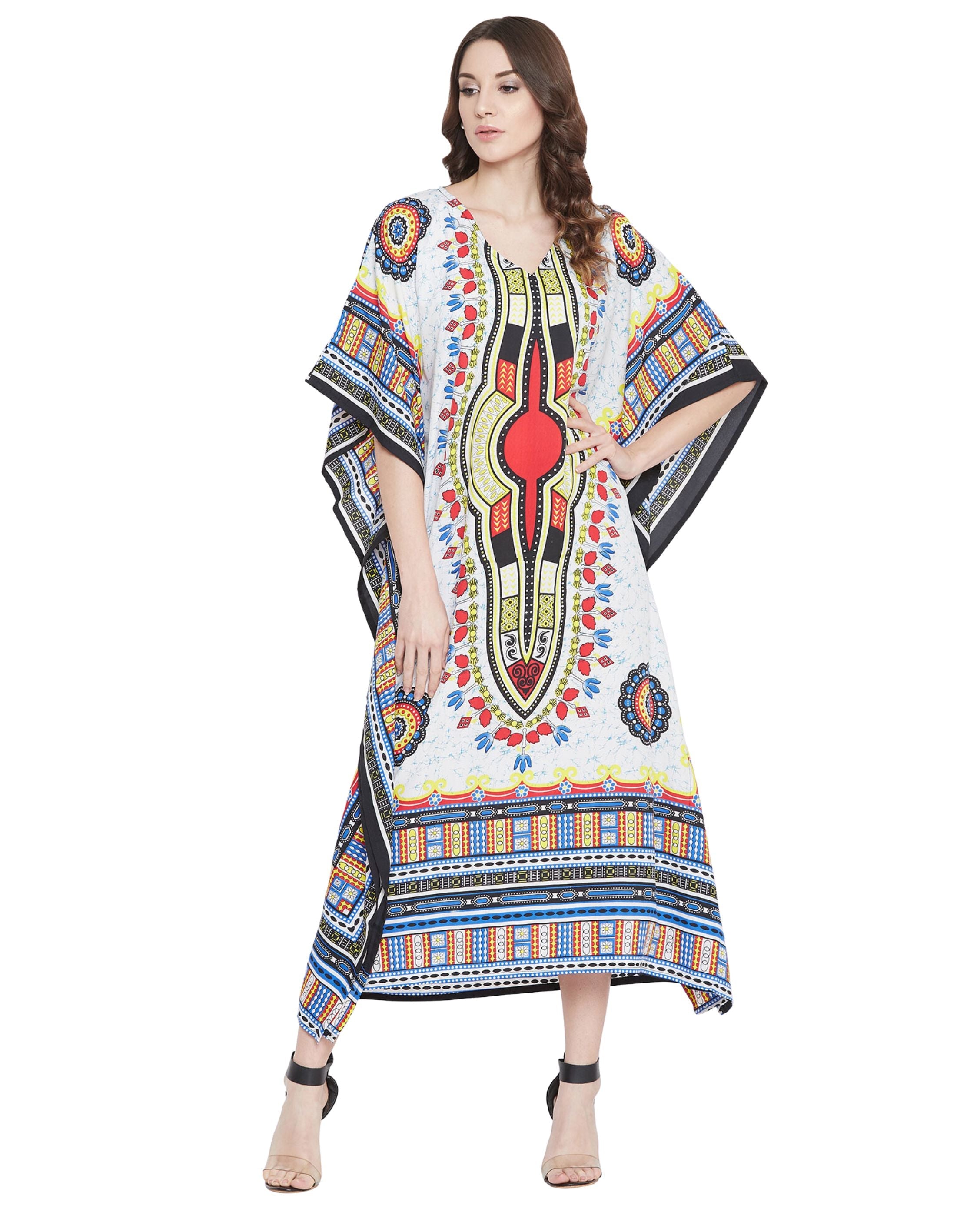 White Tribal Printed Polyester Kaftan For Plus Size Women