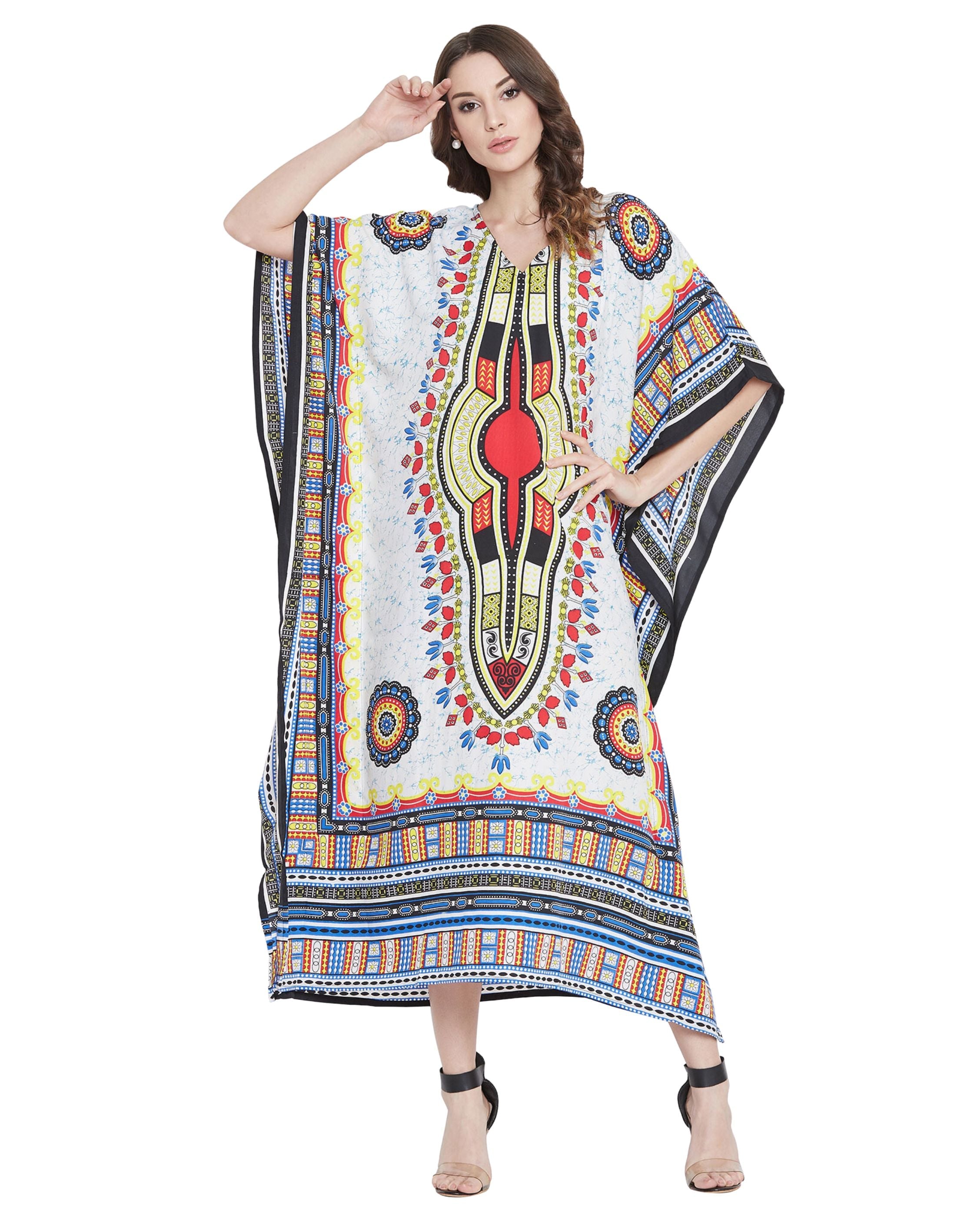 White Tribal Printed Polyester Kaftan For Plus Size Women