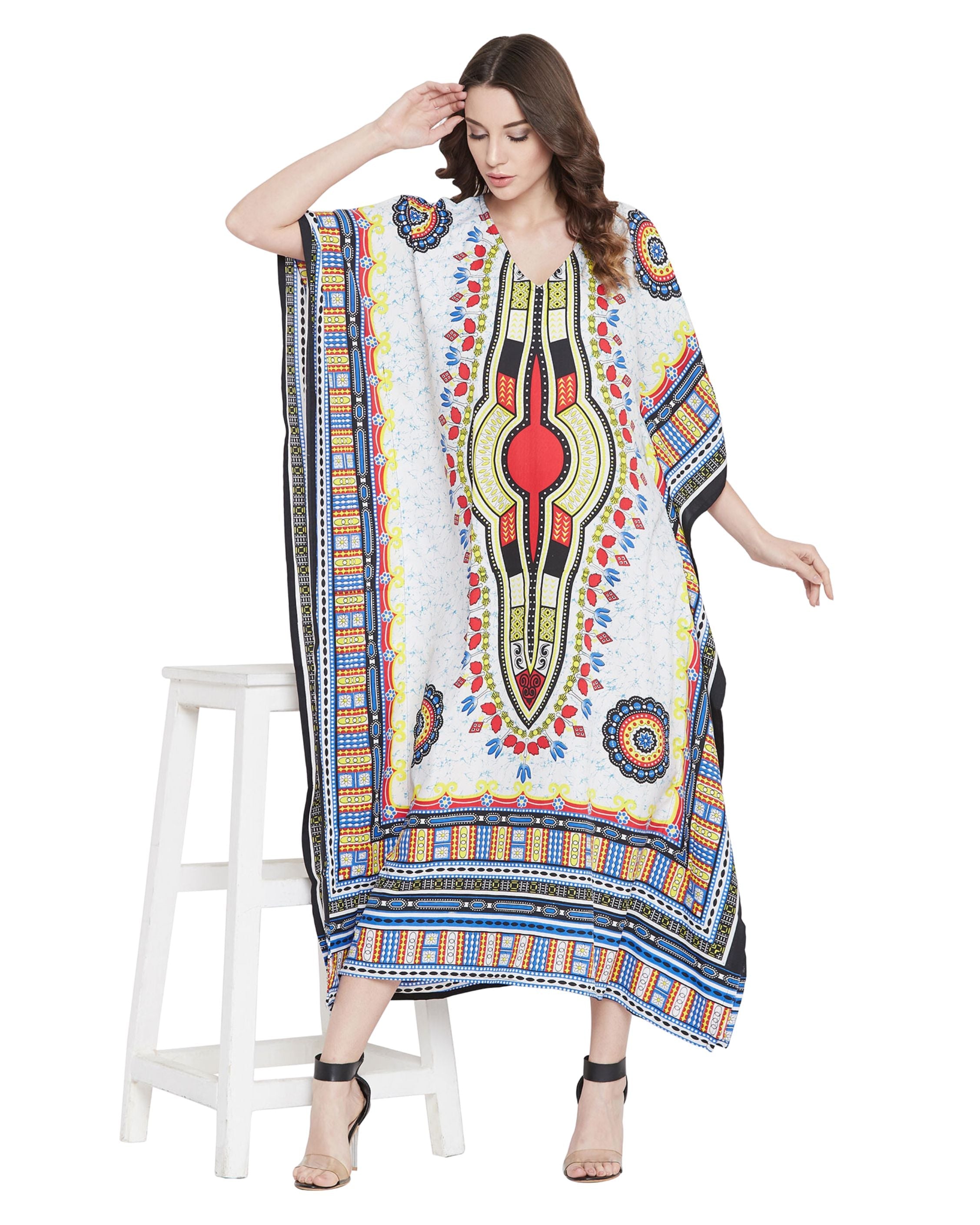 White Tribal Printed Polyester Kaftan For Plus Size Women