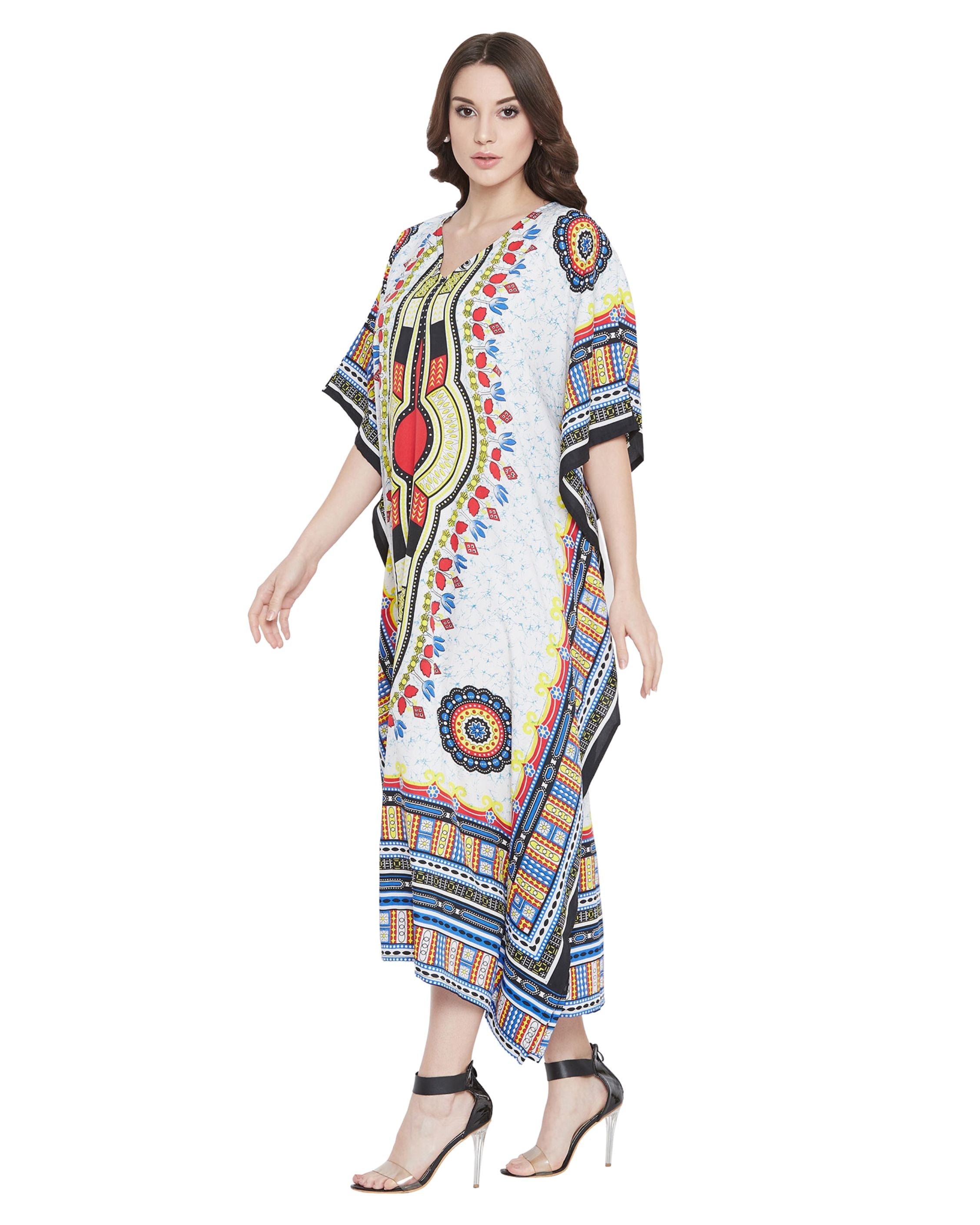 White Tribal Printed Polyester Kaftan For Plus Size Women