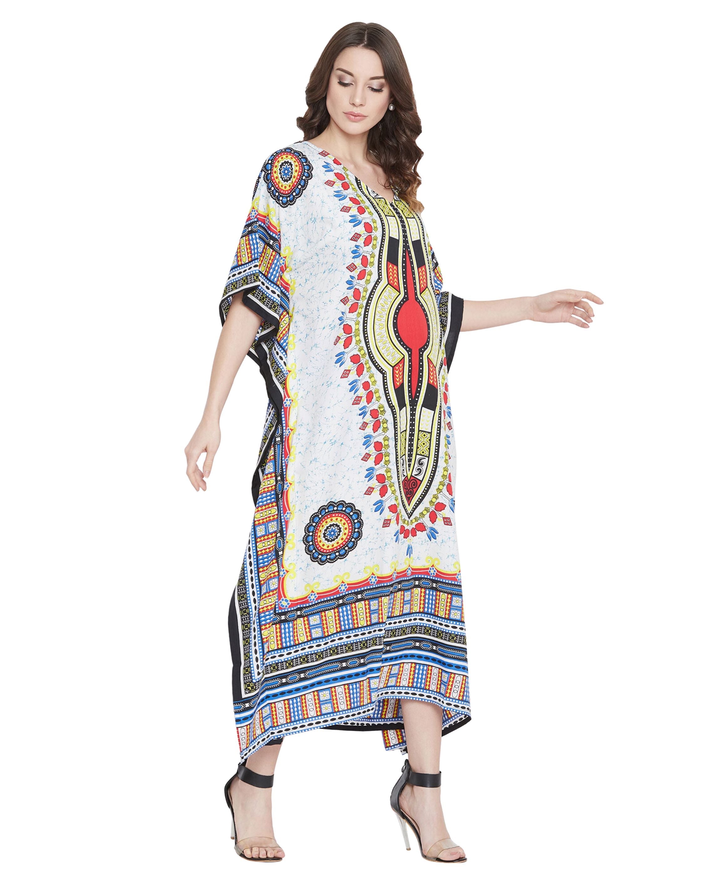 White Tribal Printed Polyester Kaftan For Plus Size Women