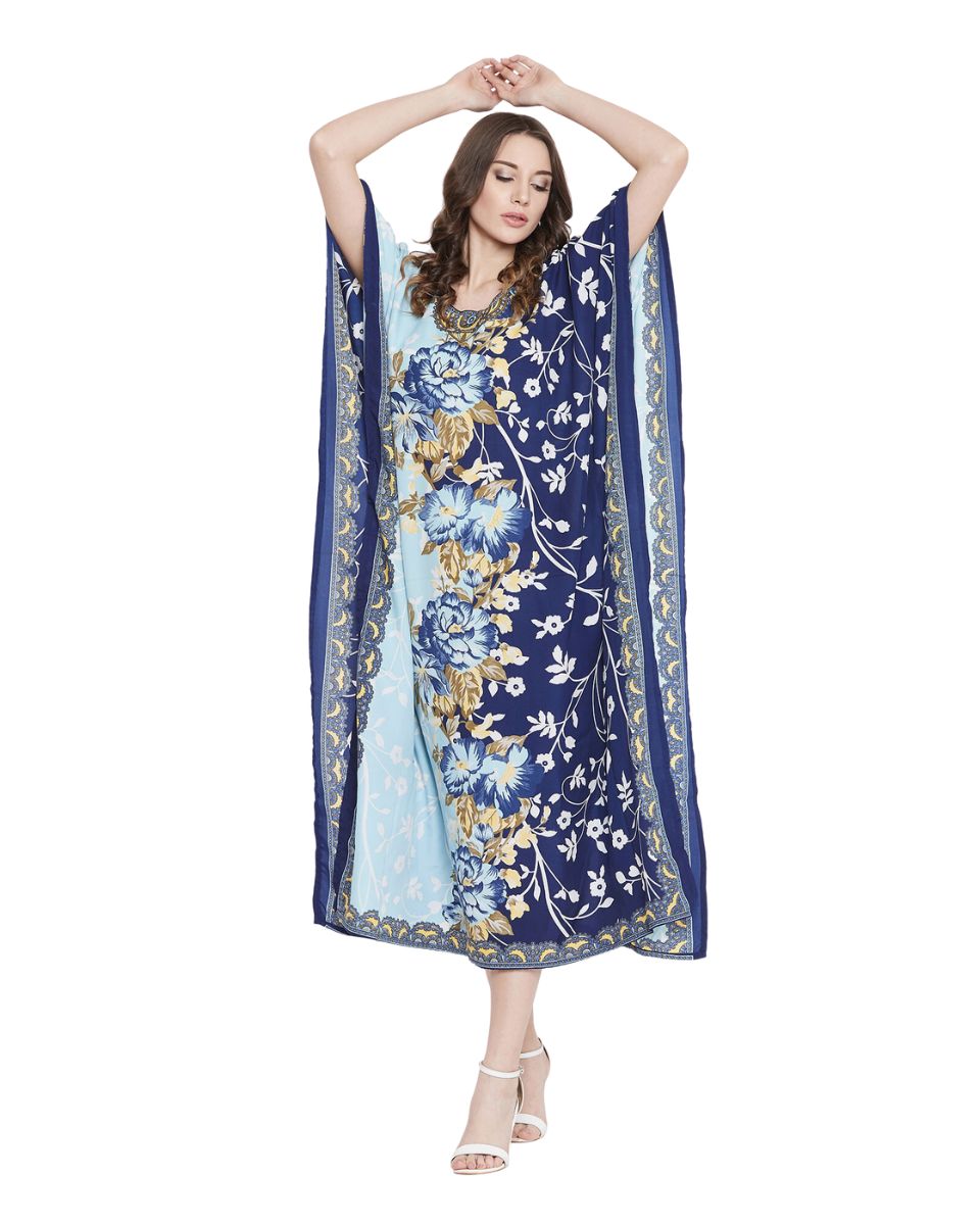 Floral Printed Navy Blue Polyester Kaftan Dress for Women
