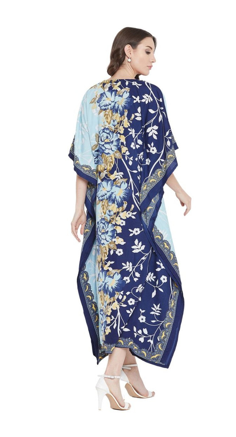 Navy and light blue floral print plus size kaftan with pointed hem — alternate view