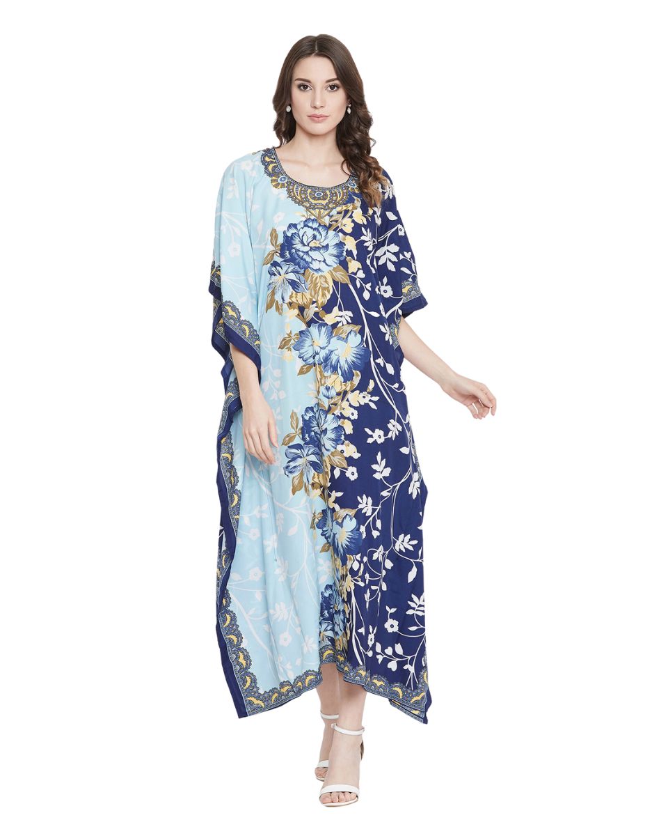 Floral Printed Navy Blue Polyester Kaftan Dress for Women