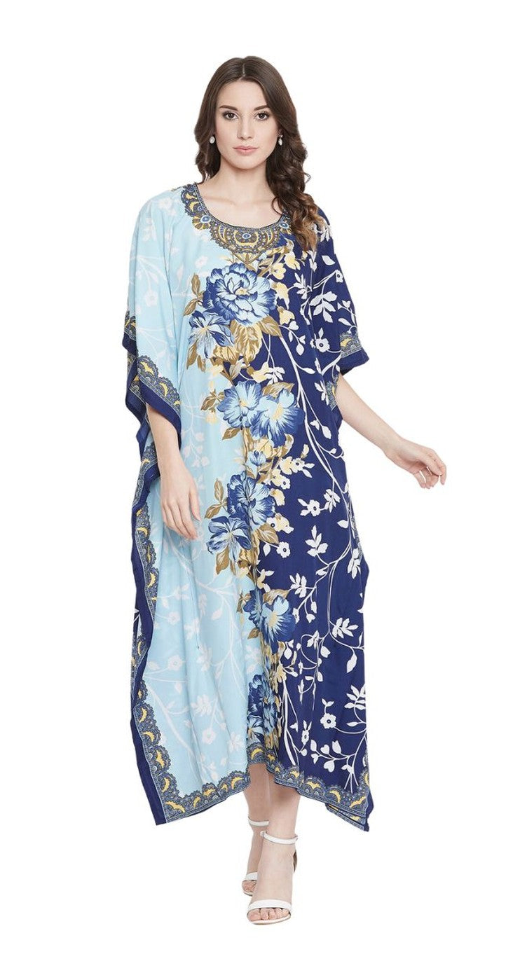 Floral Printed Navy Blue Polyester Kaftan Dress For Plus Size Women - Gypsie Blu (view 8)