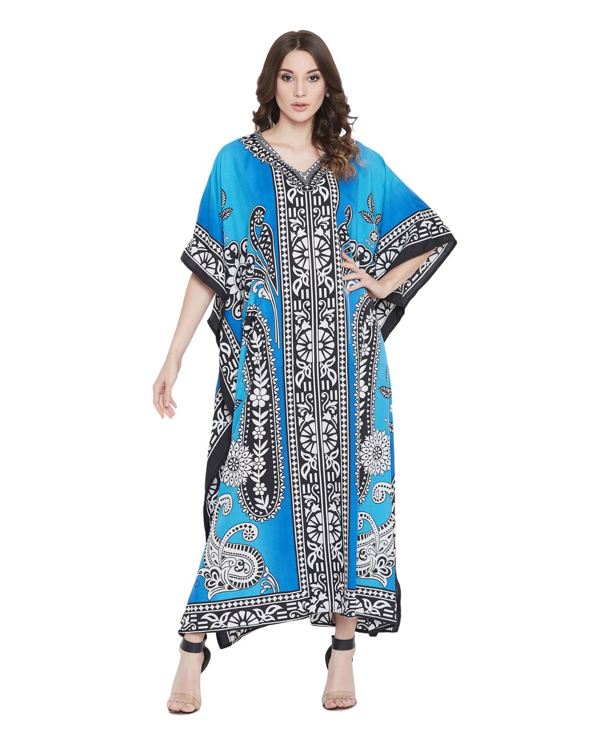 Black And Blue Tribal Printed Polyester Plus Size Kaftan For Women