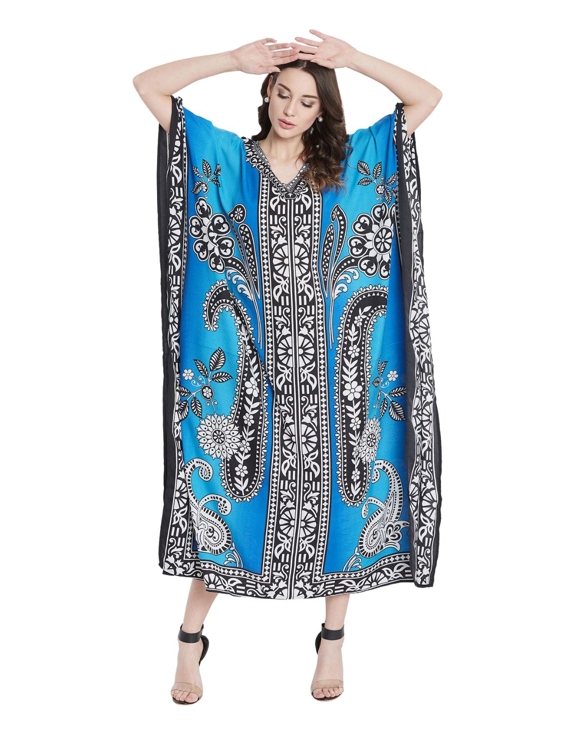 Black And Blue Tribal Printed Polyester Plus Size Kaftan For Women