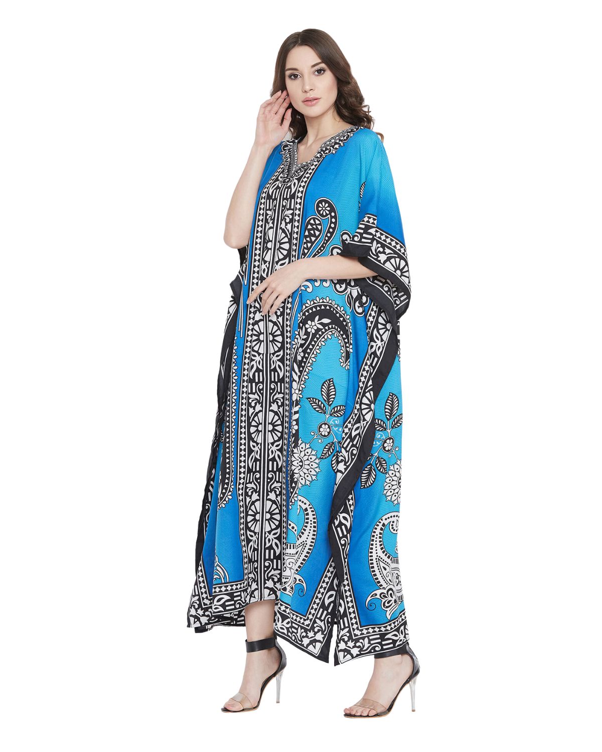 Black And Blue Tribal Printed Polyester Plus Size Kaftan For Women