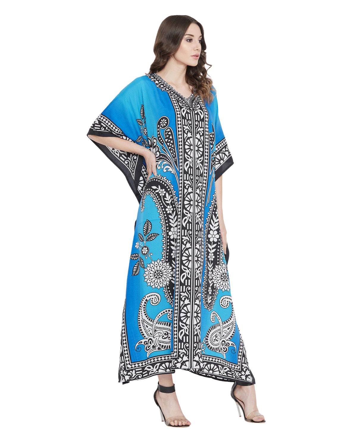 Black And Blue Tribal Printed Polyester Plus Size Kaftan For Women