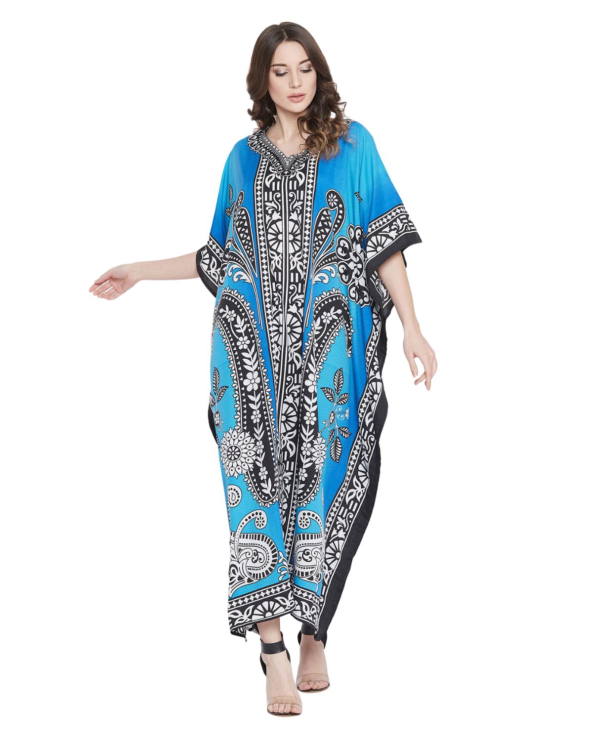 Black And Blue Tribal Printed Polyester Plus Size Kaftan For Women