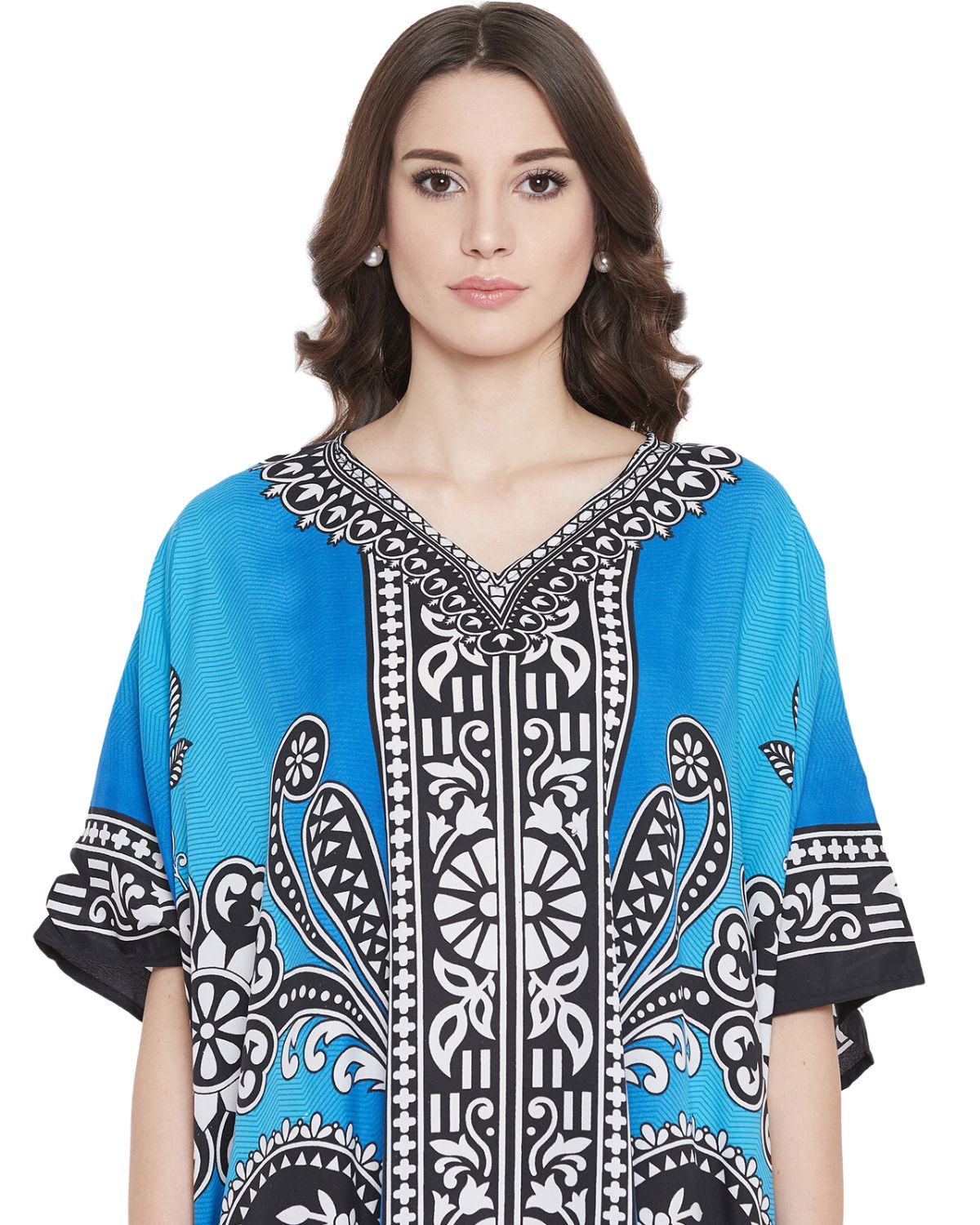 Black And Blue Tribal Printed Polyester Plus Size Kaftan For Women