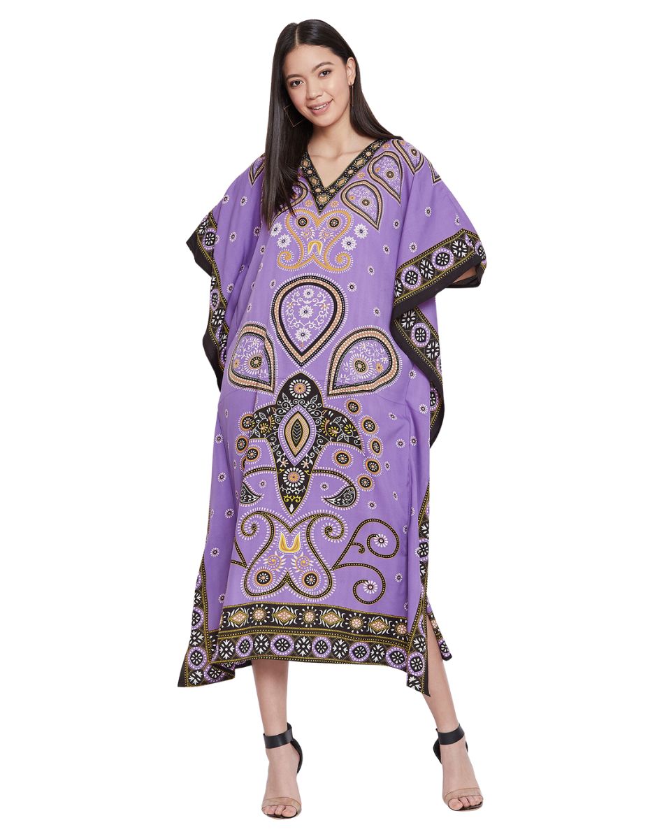 Paisley Printed Purple Polyester Kaftan Dress for Women