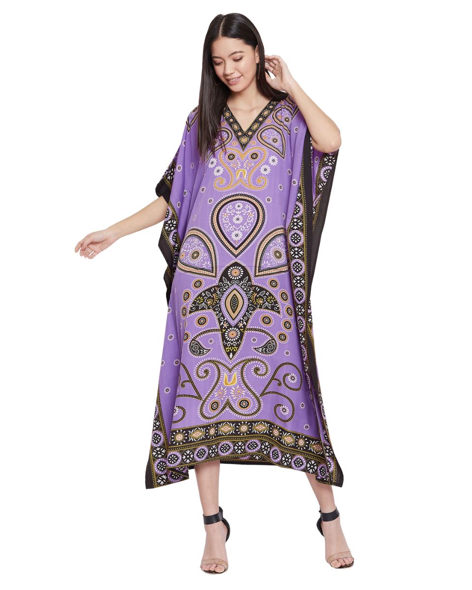 Paisley Printed Purple Plus Size Polyester Kaftan For Women