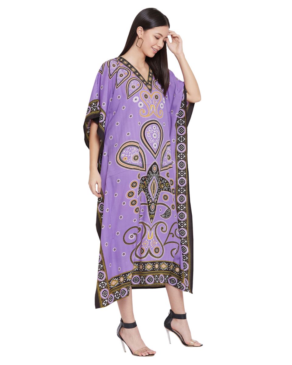 Paisley Printed Purple Plus Size Polyester Kaftan For Women