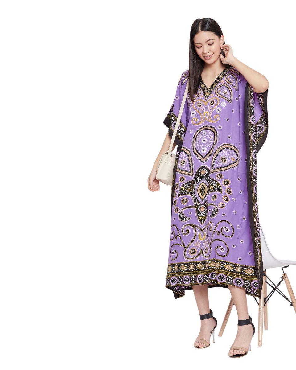 Paisley Printed Purple Plus Size Polyester Kaftan For Women