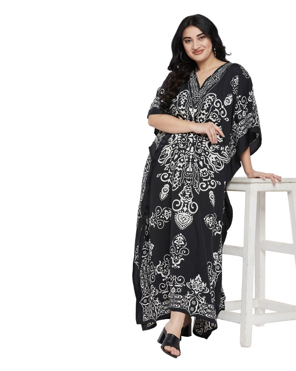 Damask Print Black Kimono sleeve Plus Size Kaftan For Women