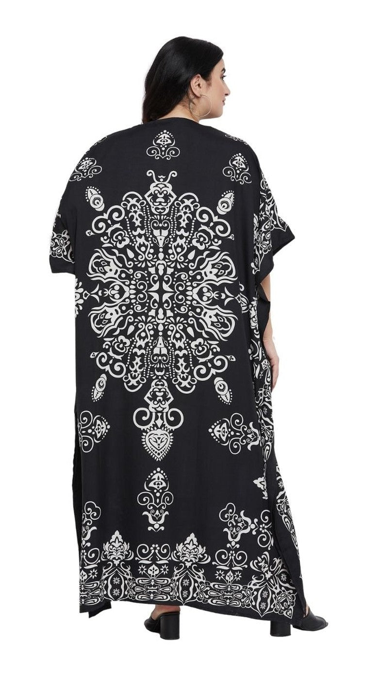 Black and white damask medallion print polyester plus size kaftan with V-neck and kimono sleeves — further product view