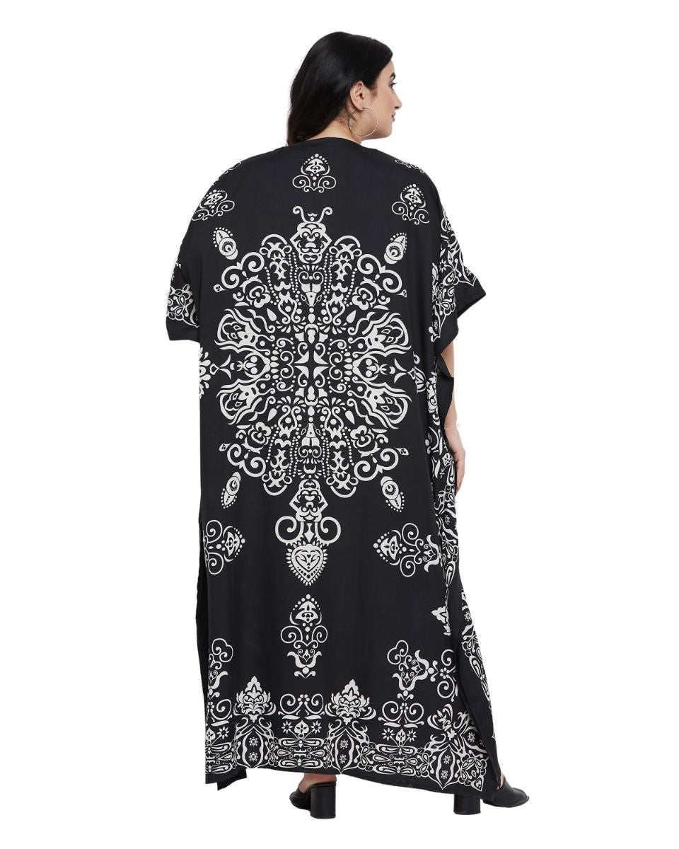 Damask Print Black Kimono sleeve Plus Size Kaftan For Women