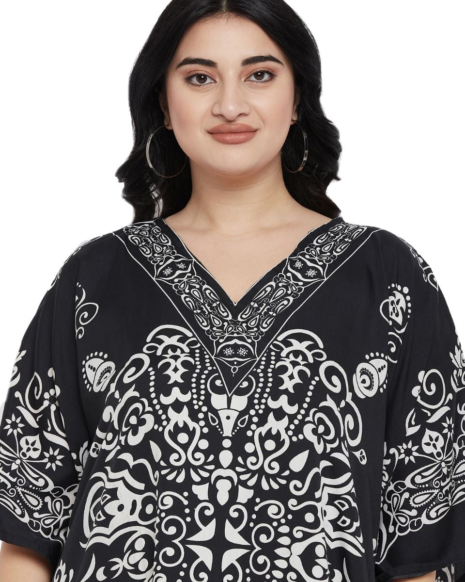 Damask Print Black Kimono sleeve Plus Size Kaftan For Women