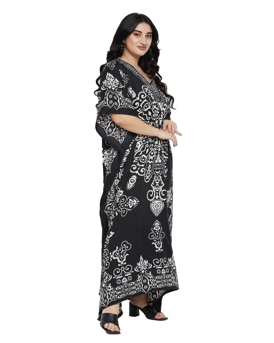 Damask Print Black Kimono sleeve Plus Size Kaftan For Women