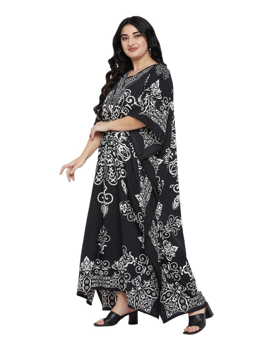 Damask Print Black Kimono sleeve Plus Size Kaftan For Women