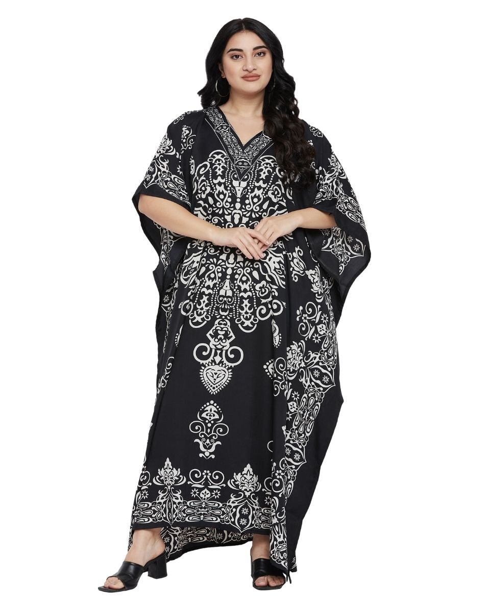 Damask Print Black Kimono sleeve Plus Size Kaftan For Women