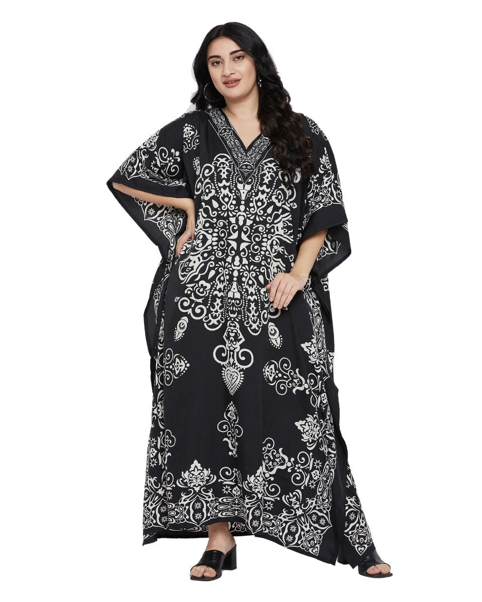 Damask Print Black Kimono sleeve Plus Size Kaftan For Women