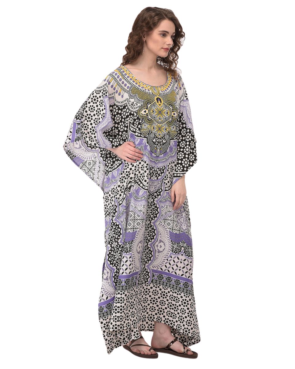 Abstract Printeded Purple Polyester Kaftan Dress for Women