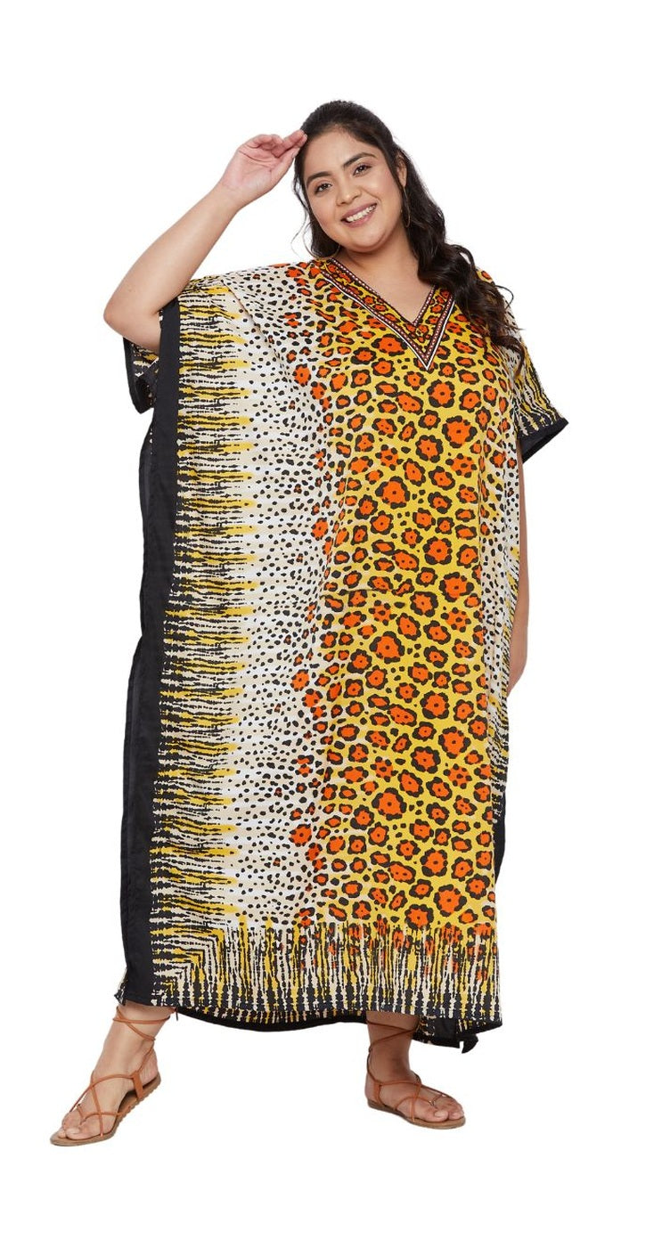 Black, white and mustard leopard colorblock plus size kaftan with kimono sleeves