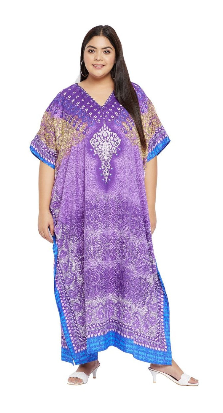 Purple ombre medallion border print polyester plus size kaftan with V-neck