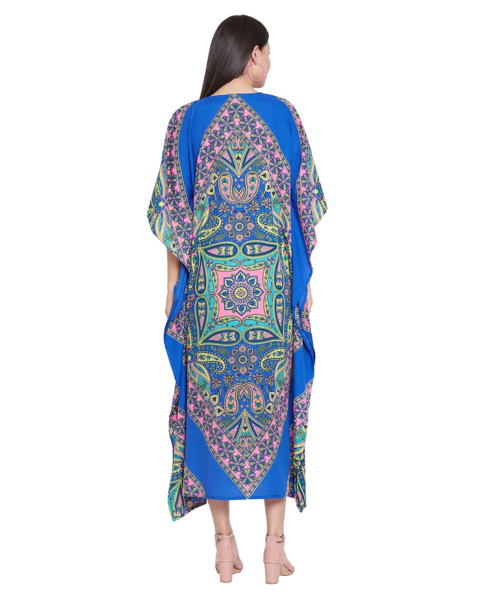 Paisley Printed Blue Polyester Kaftan Dress For Plus Size Women