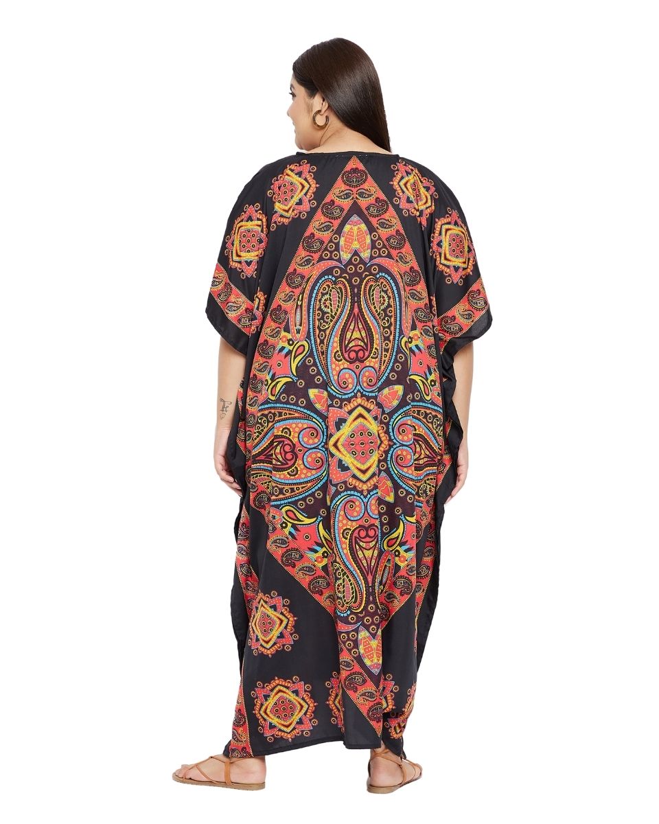 Paisley Printed Black Polyester Kaftan Dress Plus Size For Women