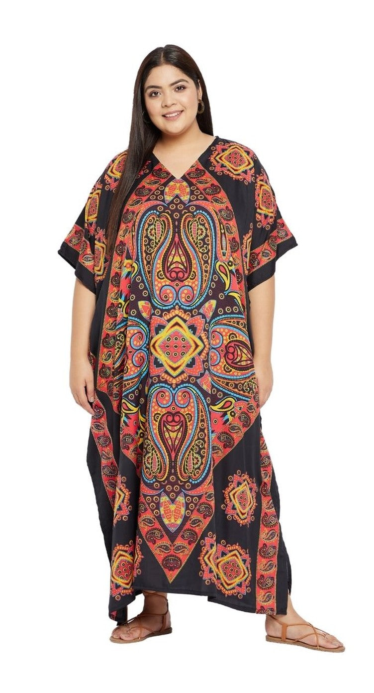 Black polyester plus size kaftan with red and gold paisley medallion print and V-neck