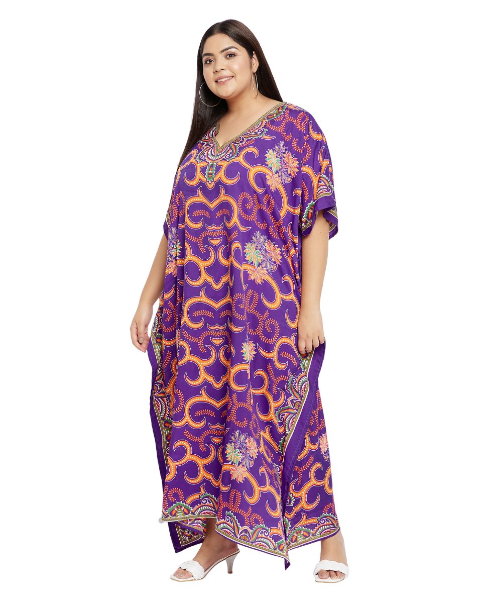 Floral Printed Purple Plus Size Polyester Kaftan Dress For Women