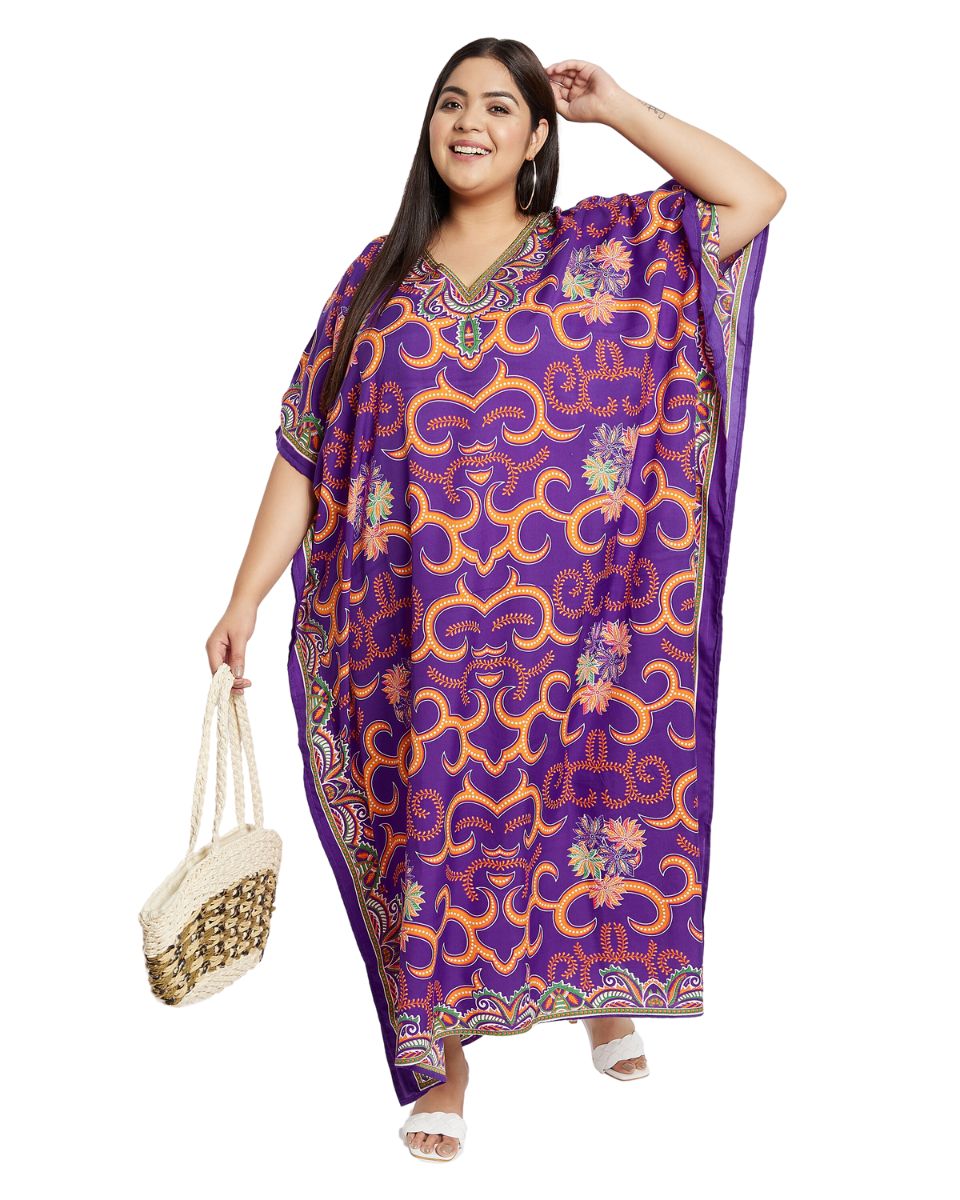 Floral Printed Purple Plus Size Polyester Kaftan Dress For Women