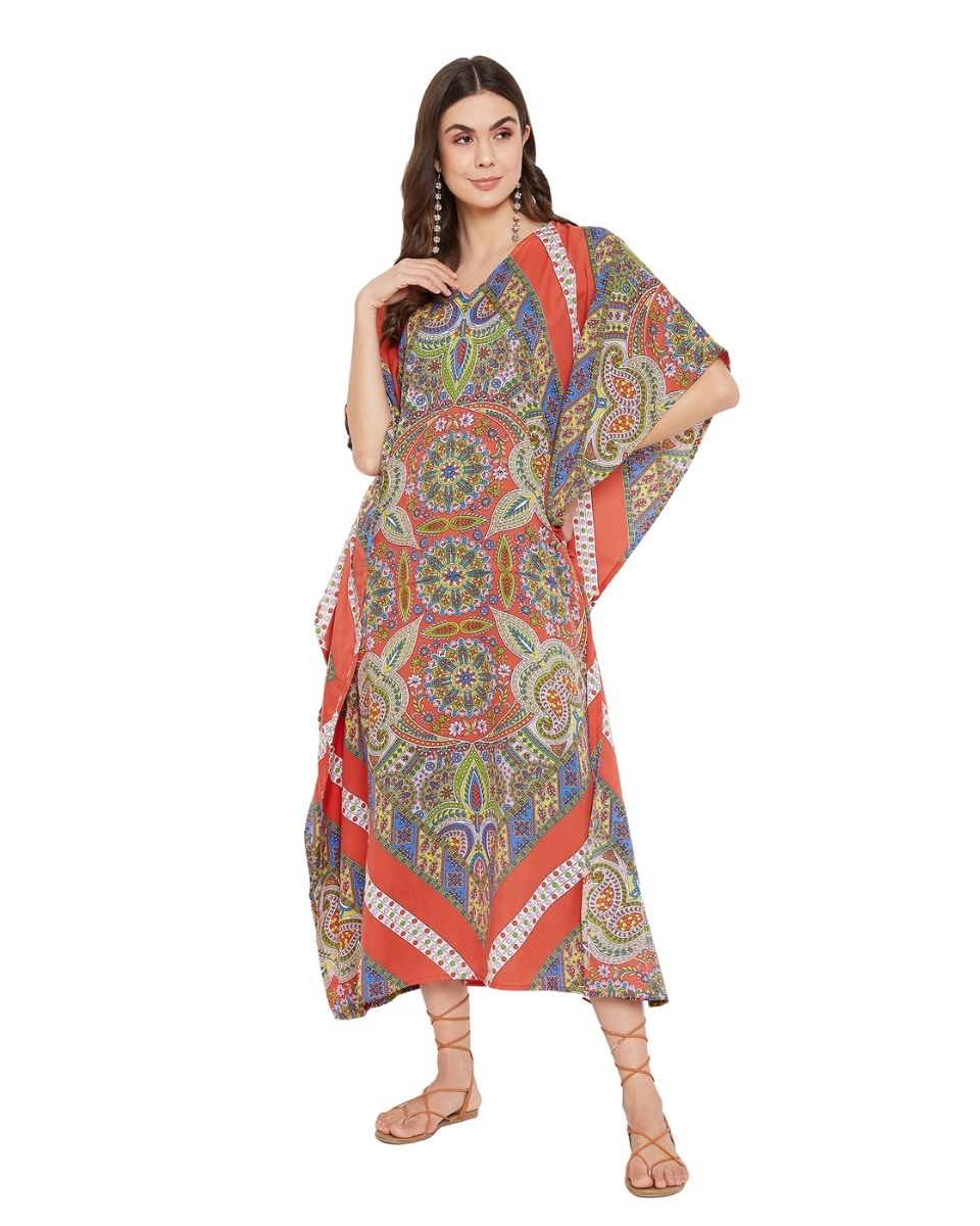 Paisley Printed Red Polyester Kaftan Dress for Women