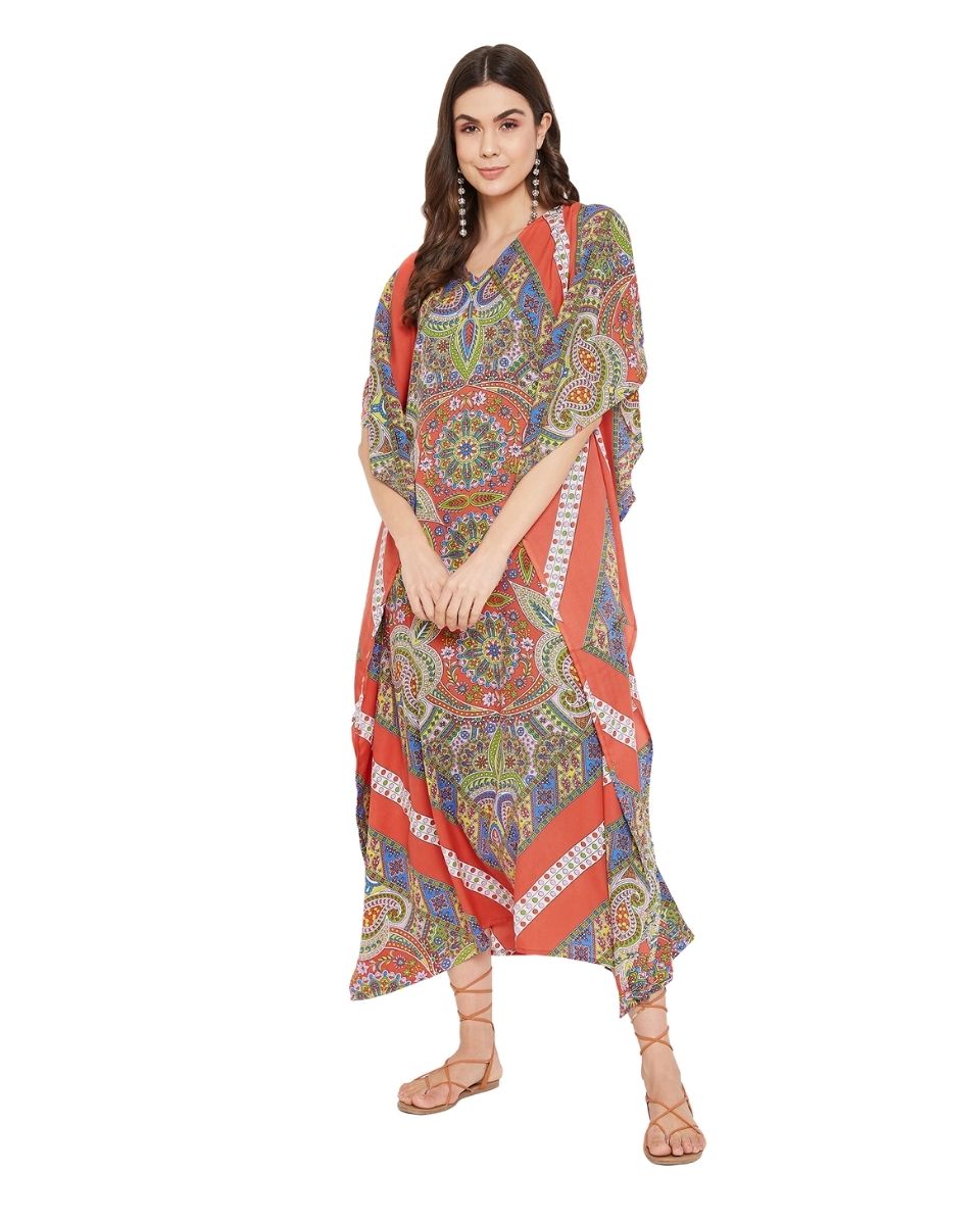 Paisley Printed Red Plus Size Polyester Kaftan Dress For Women