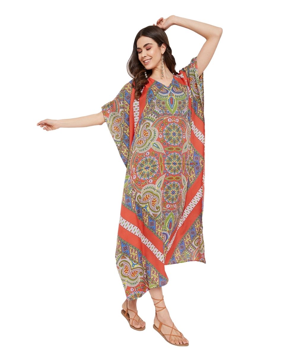 Paisley Printed Red Plus Size Polyester Kaftan Dress For Women