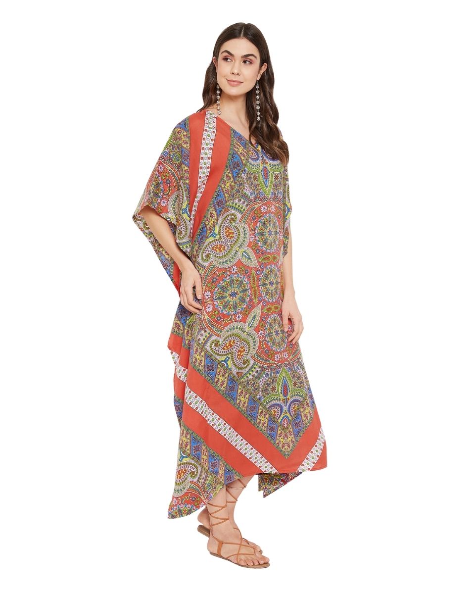 Paisley Printed Red Plus Size Polyester Kaftan Dress For Women