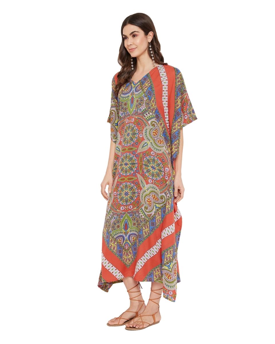 Paisley Printed Red Plus Size Polyester Kaftan Dress For Women