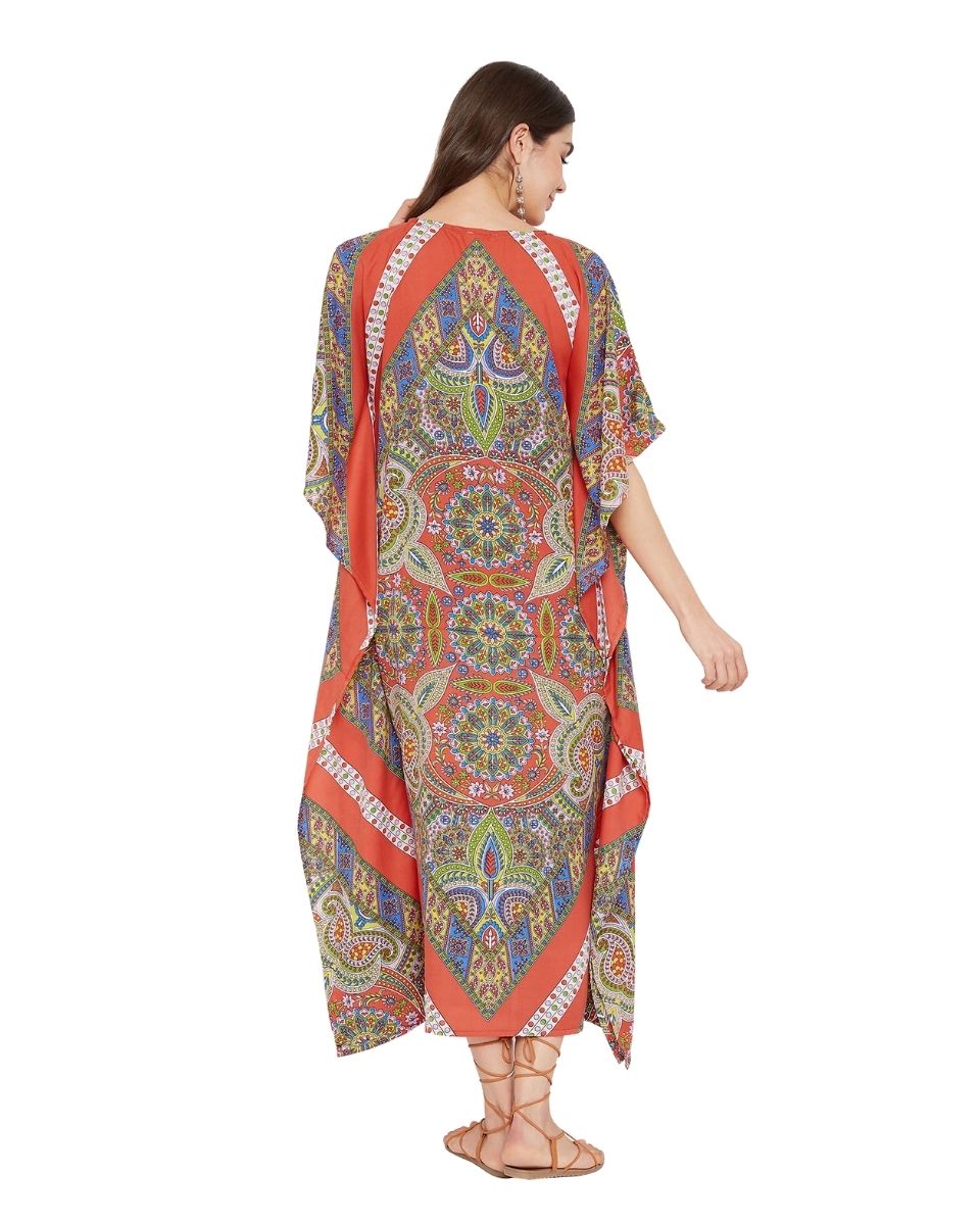 Paisley Printed Red Plus Size Polyester Kaftan Dress For Women