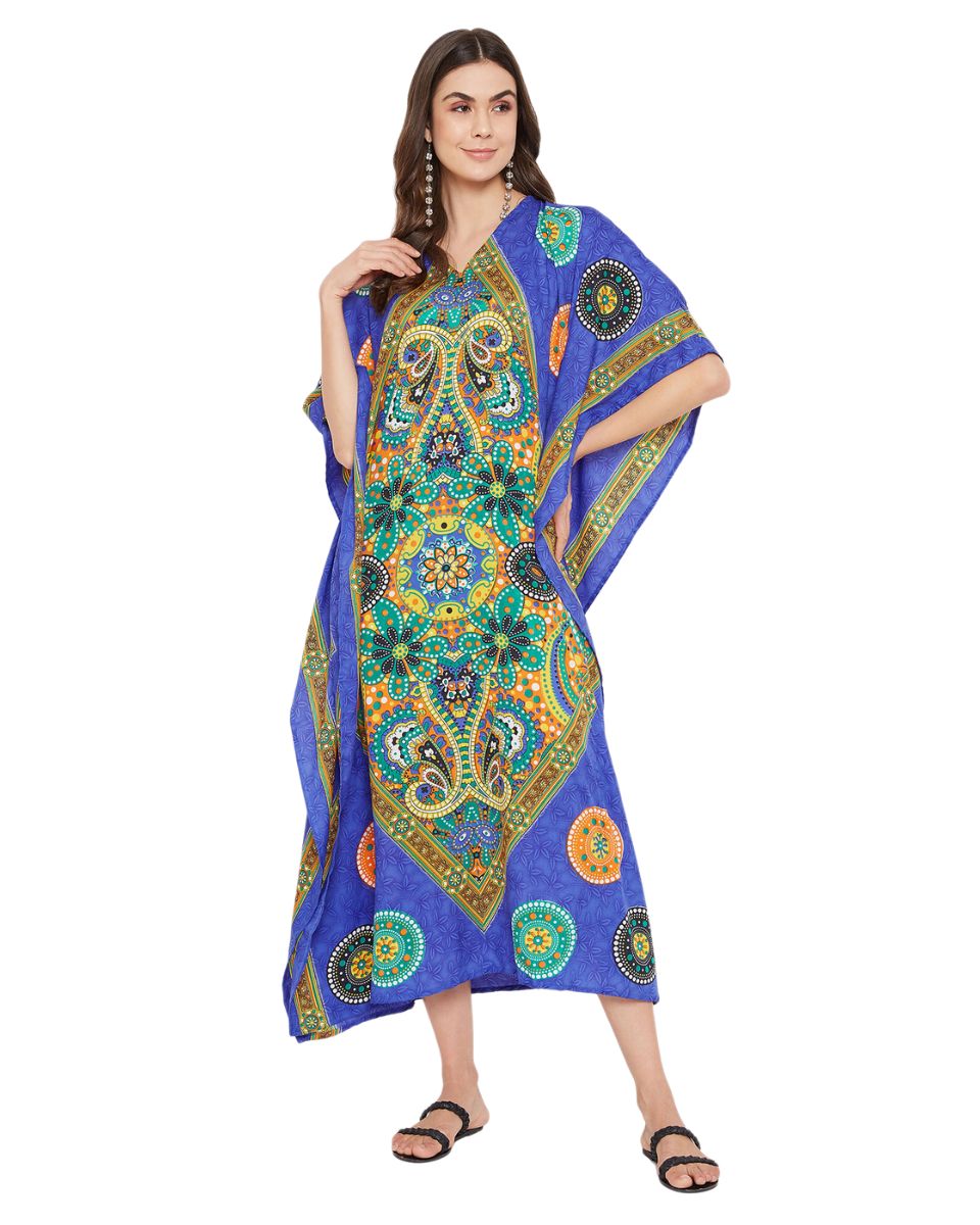 Paisley Printed Blue Polyester Kaftan Dress for Women
