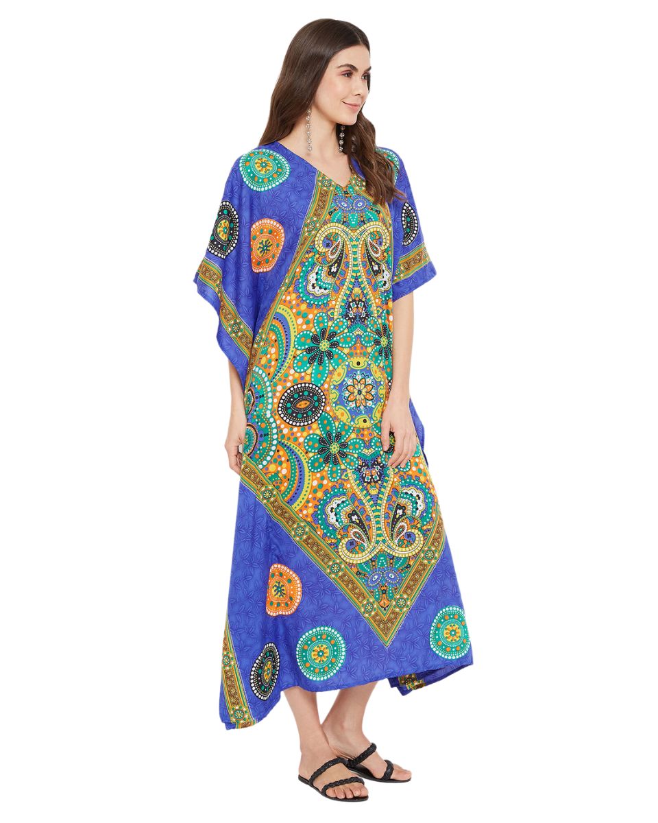 Paisley Printed Blue Polyester Kaftan Plus Size Dress For Women