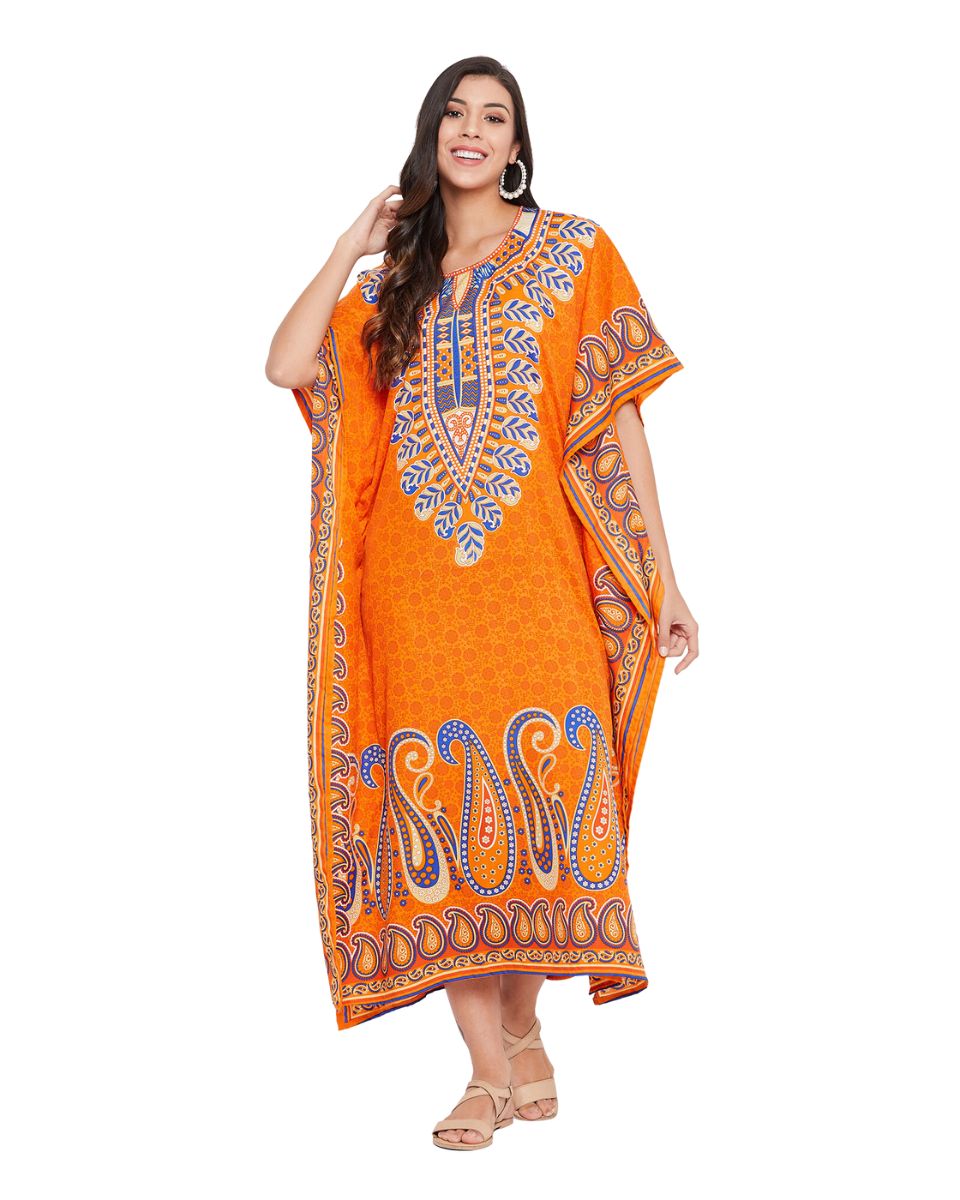 Paisley Printed Orange Polyester Kaftan Dress for Women